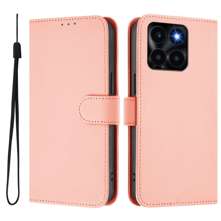 For Honor X6a 4G Skin Feel Solid Color Leather Phone Case with Lanyard