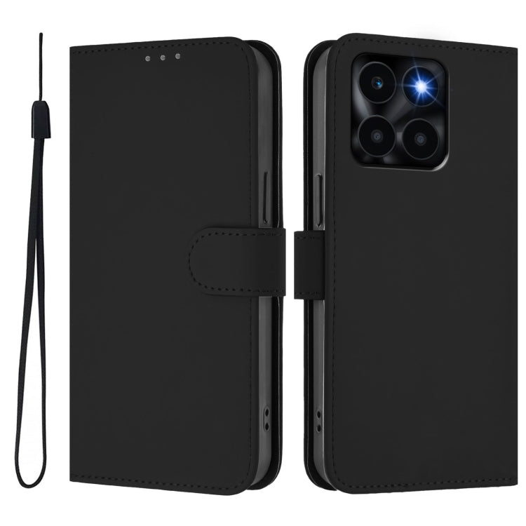 For Honor X6a 4G Skin Feel Solid Color Leather Phone Case with Lanyard