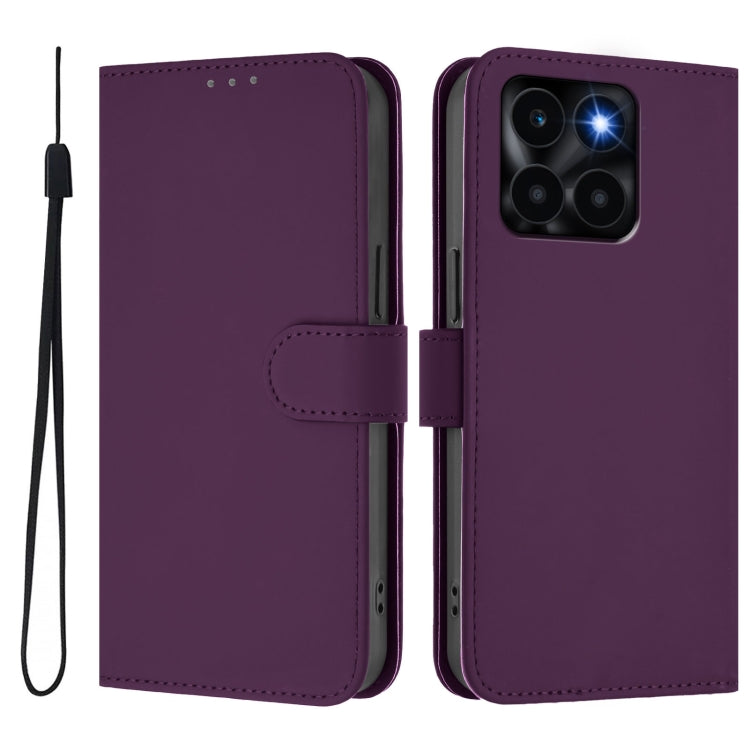 For Honor X6a 4G Skin Feel Solid Color Leather Phone Case with Lanyard