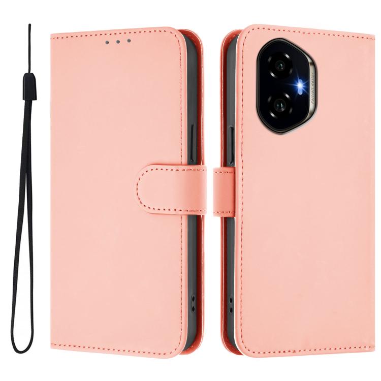 For Honor 300 Skin Feel Solid Color Leather Phone Case with Lanyard