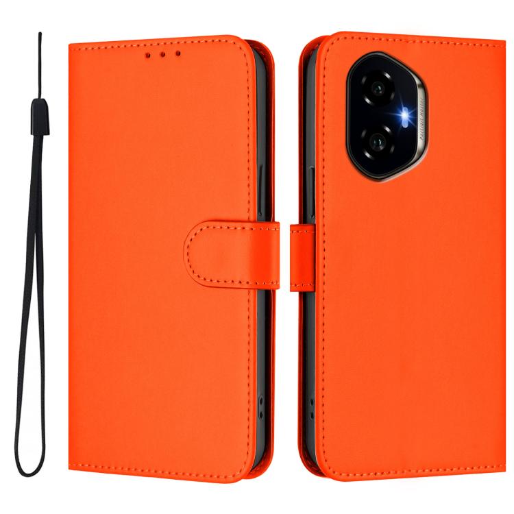 For Honor 300 Skin Feel Solid Color Leather Phone Case with Lanyard