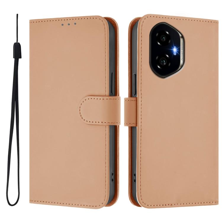 For Honor 300 Skin Feel Solid Color Leather Phone Case with Lanyard