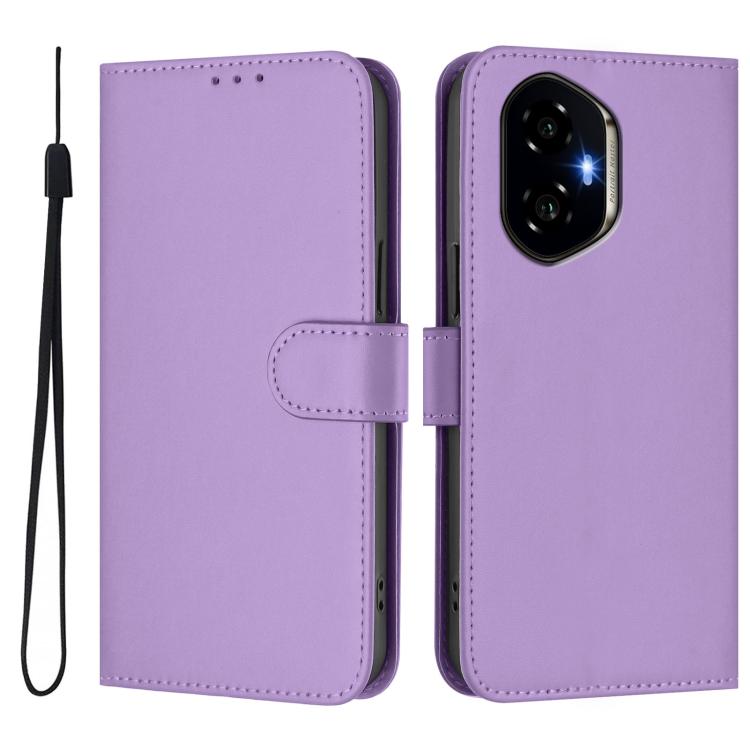 For Honor 300 Skin Feel Solid Color Leather Phone Case with Lanyard