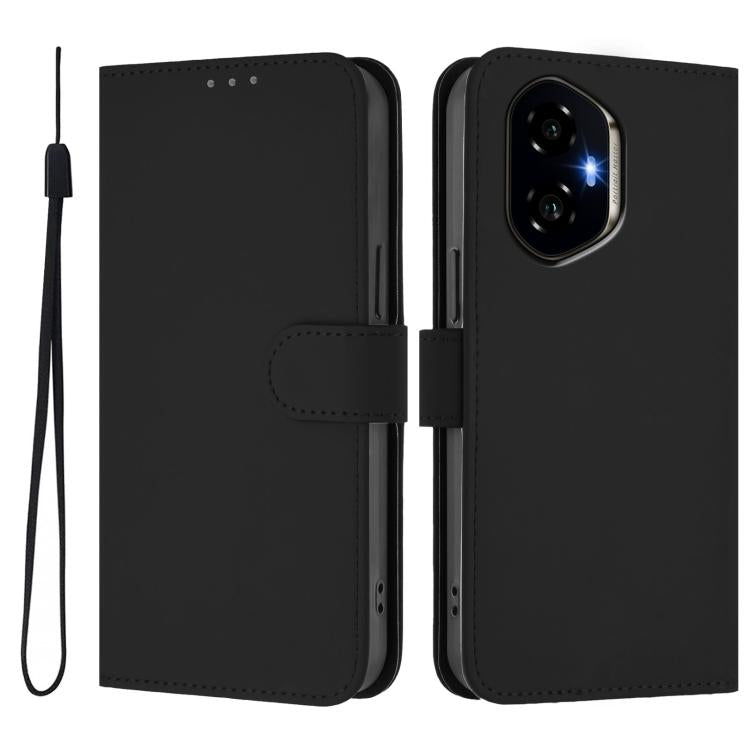 For Honor 300 Skin Feel Solid Color Leather Phone Case with Lanyard