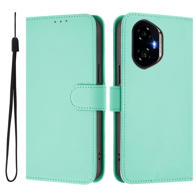 For Honor 300 Skin Feel Solid Color Leather Phone Case with Lanyard