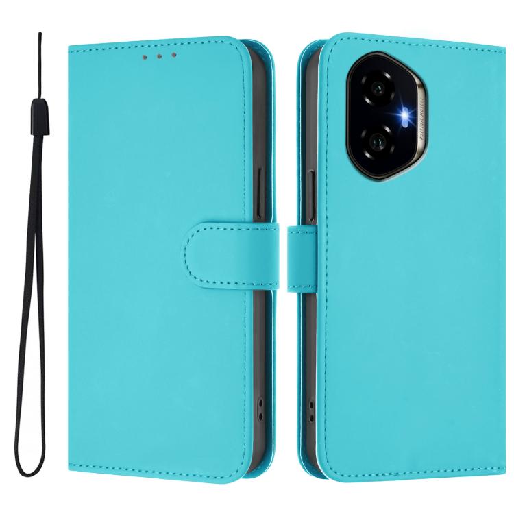 For Honor 300 Skin Feel Solid Color Leather Phone Case with Lanyard