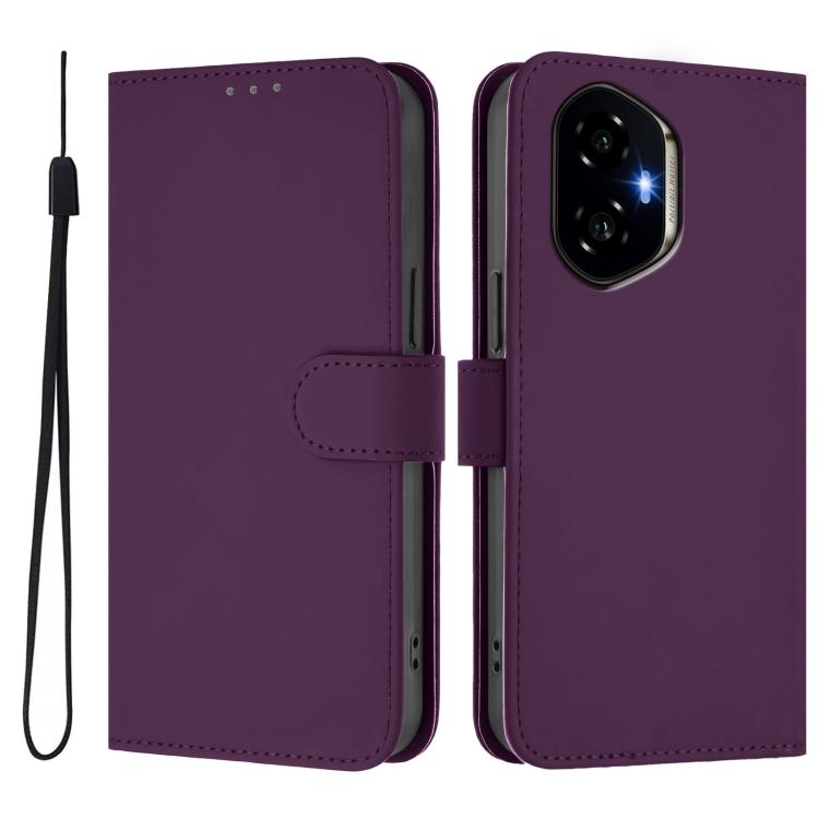 For Honor 300 Skin Feel Solid Color Leather Phone Case with Lanyard