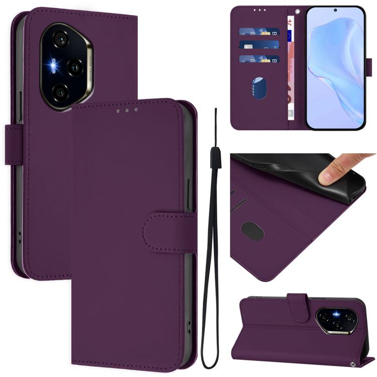 For Honor 300 Pro / 300 Ultra Skin Feel Solid Color Leather Phone Case with Lanyard