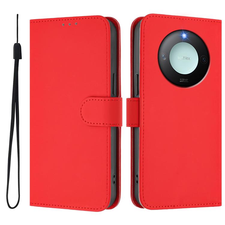 For Honor X9c Smart Global  Skin Feel Solid Color Leather Phone Case with Lanyard