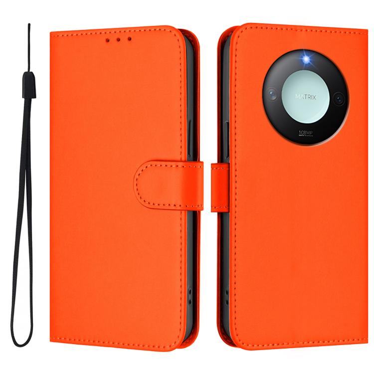 For Honor X9c Smart Global  Skin Feel Solid Color Leather Phone Case with Lanyard