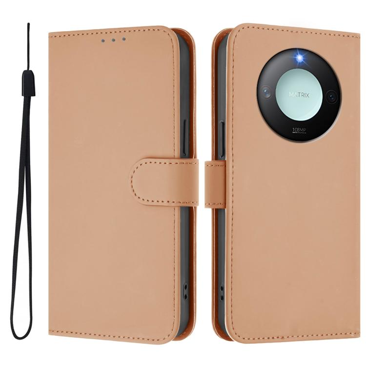 For Honor X9c Smart Global  Skin Feel Solid Color Leather Phone Case with Lanyard