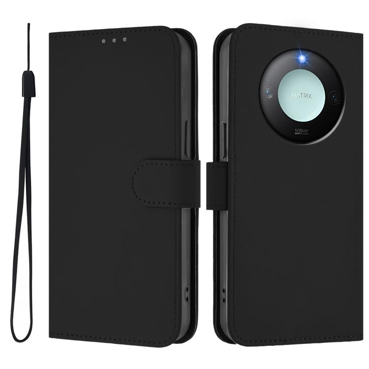 For Honor X9c Smart Global  Skin Feel Solid Color Leather Phone Case with Lanyard