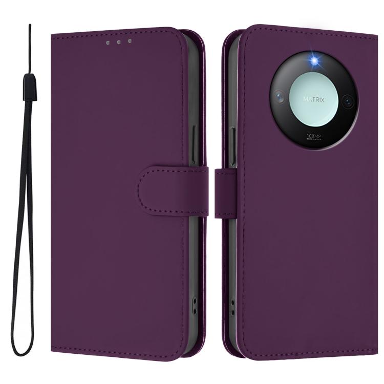 For Honor X9c Smart Global  Skin Feel Solid Color Leather Phone Case with Lanyard