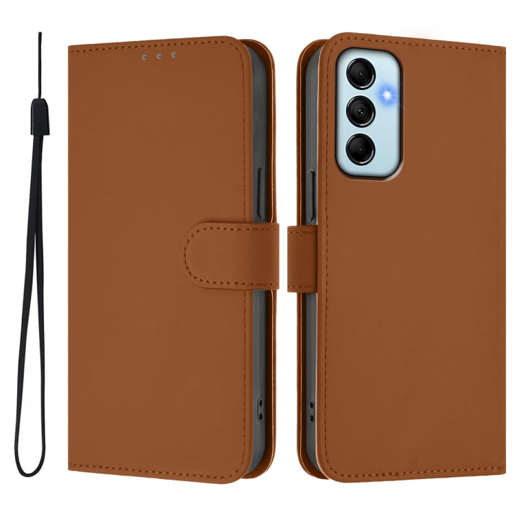 For Samsung Galaxy M14 5G Skin Feel Solid Color Leather Phone Case with Lanyard