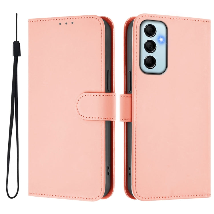 For Samsung Galaxy M14 5G Skin Feel Solid Color Leather Phone Case with Lanyard
