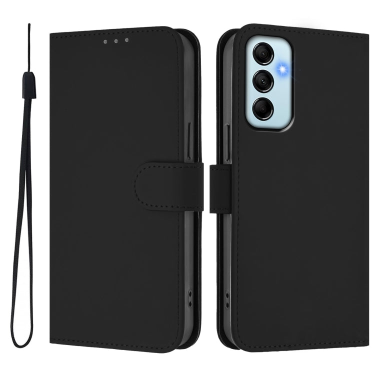For Samsung Galaxy M14 5G Skin Feel Solid Color Leather Phone Case with Lanyard