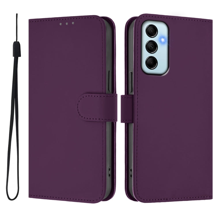 For Samsung Galaxy M14 5G Skin Feel Solid Color Leather Phone Case with Lanyard