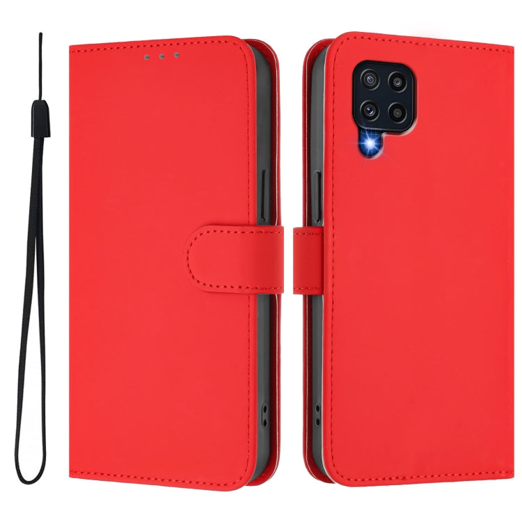 For Samsung Galaxy M32 4G / M22 Skin Feel Solid Color Leather Phone Case with Lanyard