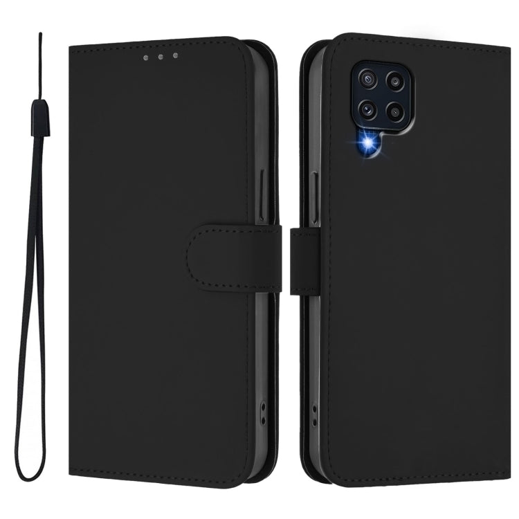 For Samsung Galaxy M32 4G / M22 Skin Feel Solid Color Leather Phone Case with Lanyard
