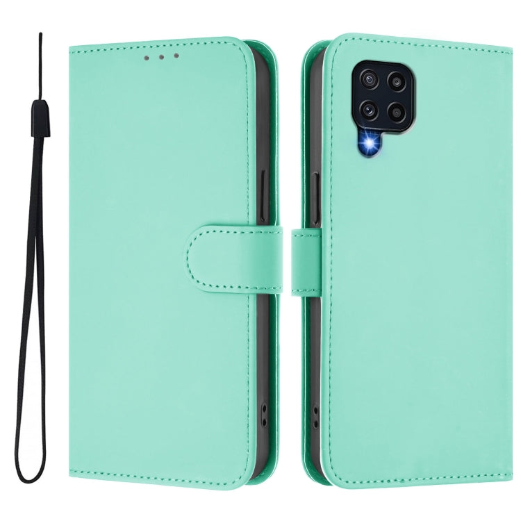 For Samsung Galaxy M32 4G / M22 Skin Feel Solid Color Leather Phone Case with Lanyard