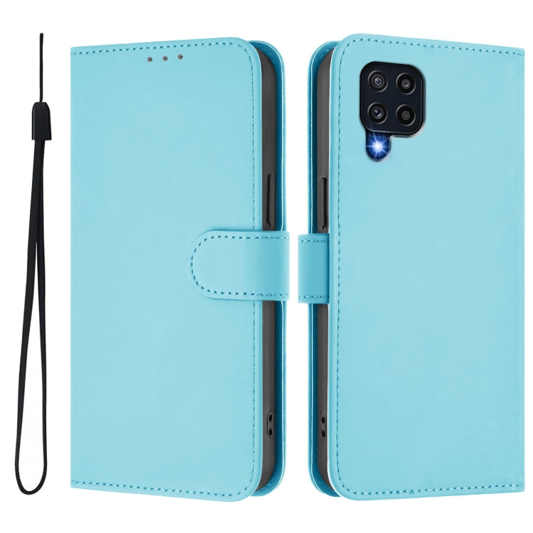 For Samsung Galaxy M32 4G / M22 Skin Feel Solid Color Leather Phone Case with Lanyard