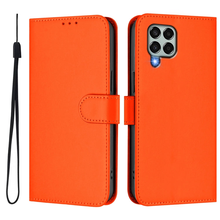 For Samsung Galaxy M33 5G Skin Feel Solid Color Leather Phone Case with Lanyard