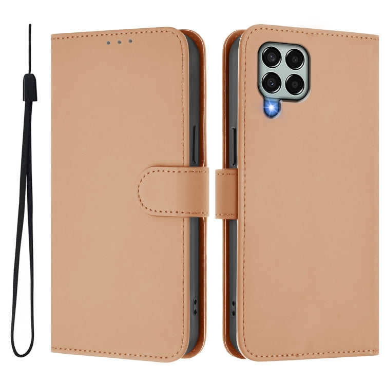For Samsung Galaxy M33 5G Skin Feel Solid Color Leather Phone Case with Lanyard