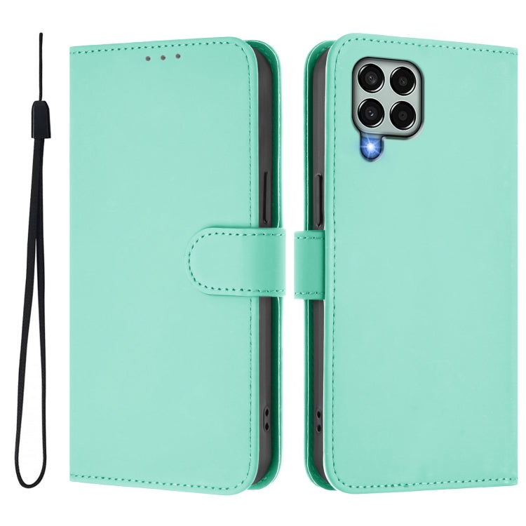 For Samsung Galaxy M33 5G Skin Feel Solid Color Leather Phone Case with Lanyard