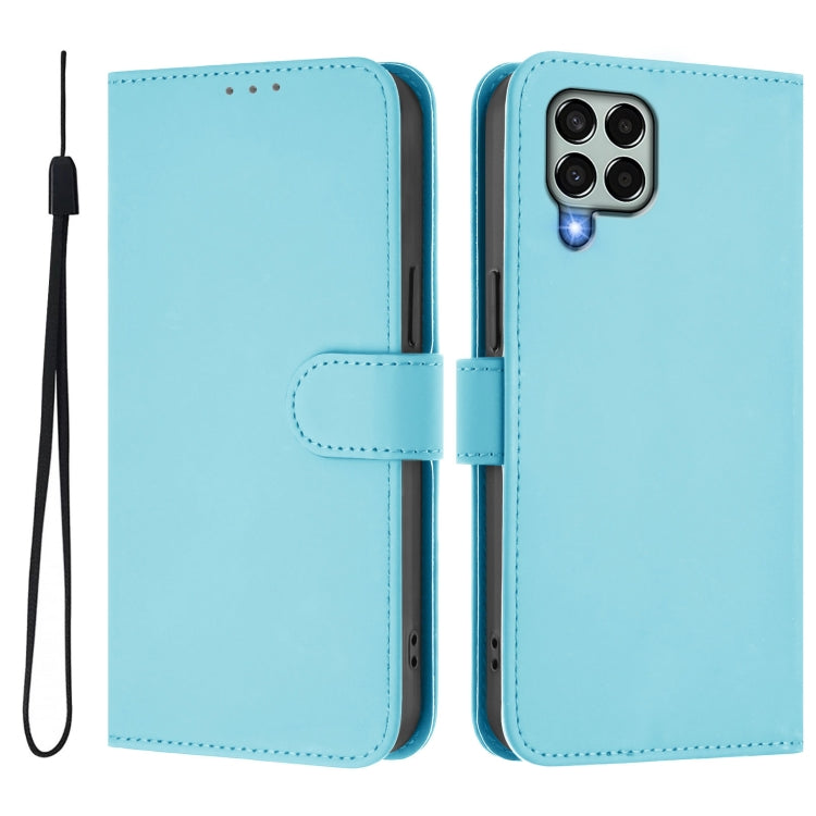 For Samsung Galaxy M33 5G Skin Feel Solid Color Leather Phone Case with Lanyard