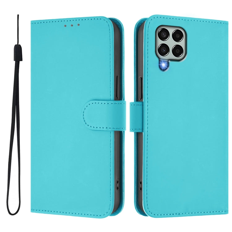 For Samsung Galaxy M33 5G Skin Feel Solid Color Leather Phone Case with Lanyard