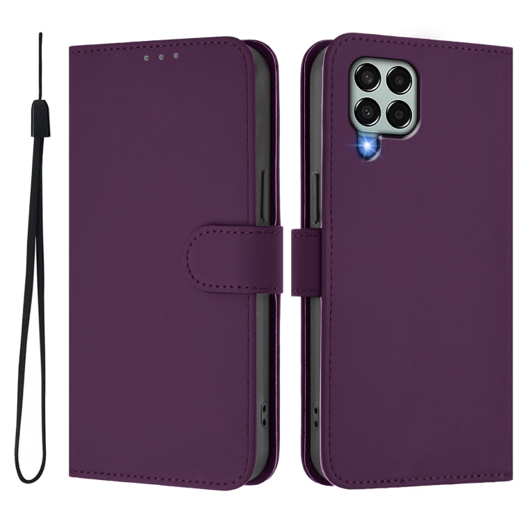 For Samsung Galaxy M33 5G Skin Feel Solid Color Leather Phone Case with Lanyard