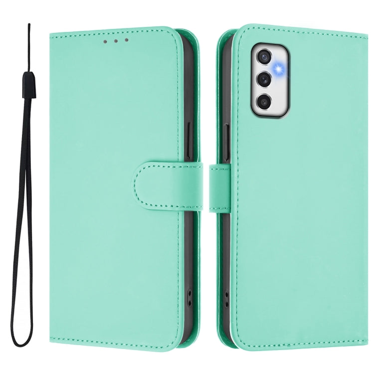 For Samsung Galaxy M52 5G Skin Feel Solid Color Leather Phone Case with Lanyard