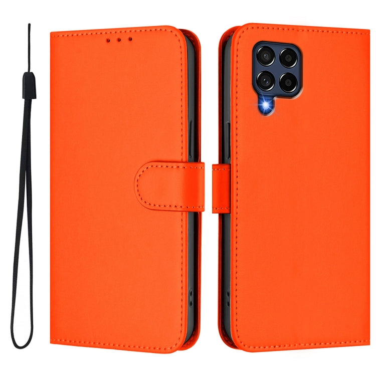 For Samsung Galaxy M53 5G Skin Feel Solid Color Leather Phone Case with Lanyard