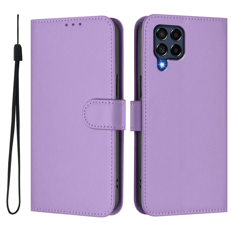 For Samsung Galaxy M53 5G Skin Feel Solid Color Leather Phone Case with Lanyard