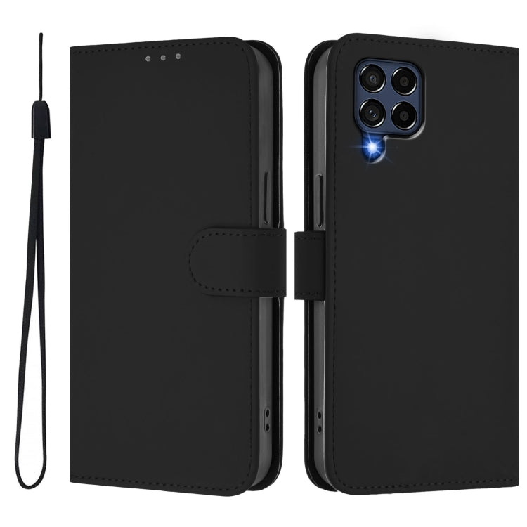 For Samsung Galaxy M53 5G Skin Feel Solid Color Leather Phone Case with Lanyard