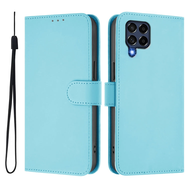 For Samsung Galaxy M53 5G Skin Feel Solid Color Leather Phone Case with Lanyard