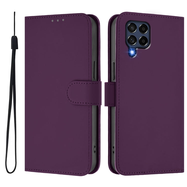 For Samsung Galaxy M53 5G Skin Feel Solid Color Leather Phone Case with Lanyard