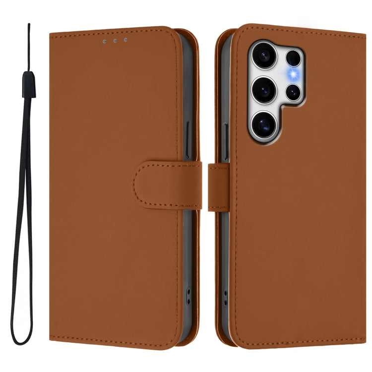 For Samsung Galaxy S25 Ultra 5G Skin Feel Solid Color Leather Phone Case with Lanyard