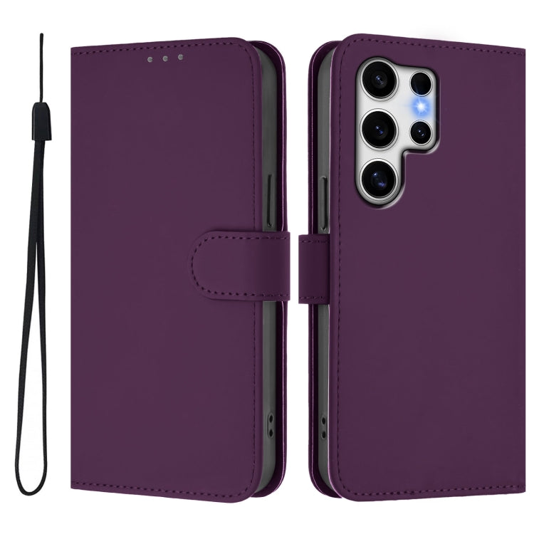 For Samsung Galaxy S25 Ultra 5G Skin Feel Solid Color Leather Phone Case with Lanyard