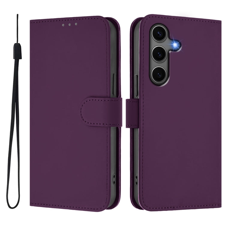 For Samsung Galaxy S25+ 5G Skin Feel Solid Color Leather Phone Case with Lanyard