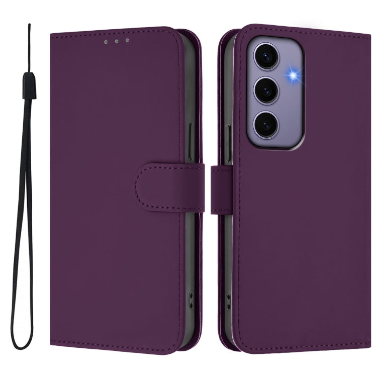 For Samsung Galaxy S24 5G Skin Feel Solid Color Leather Phone Case with Lanyard