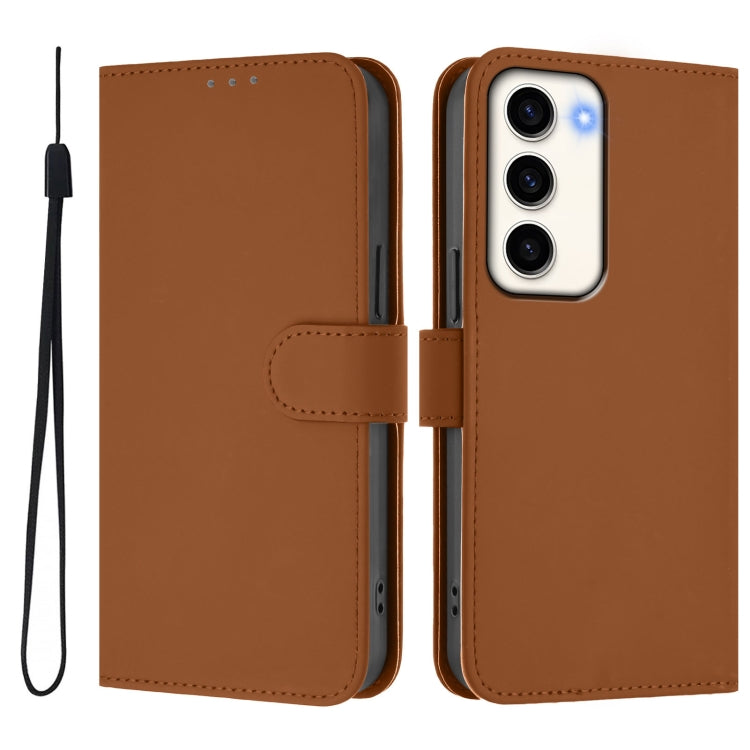 For Samsung Galaxy S23 5G Skin Feel Solid Color Leather Phone Case with Lanyard