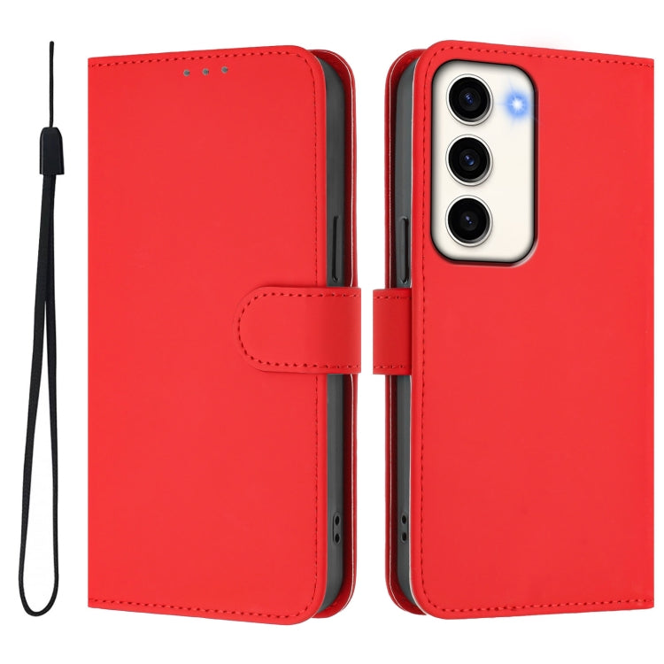 For Samsung Galaxy S23 5G Skin Feel Solid Color Leather Phone Case with Lanyard