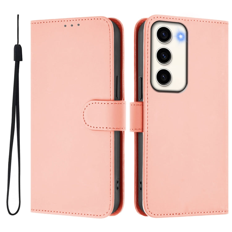 For Samsung Galaxy S23 5G Skin Feel Solid Color Leather Phone Case with Lanyard