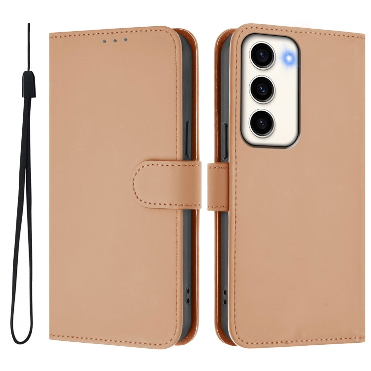 For Samsung Galaxy S23 5G Skin Feel Solid Color Leather Phone Case with Lanyard