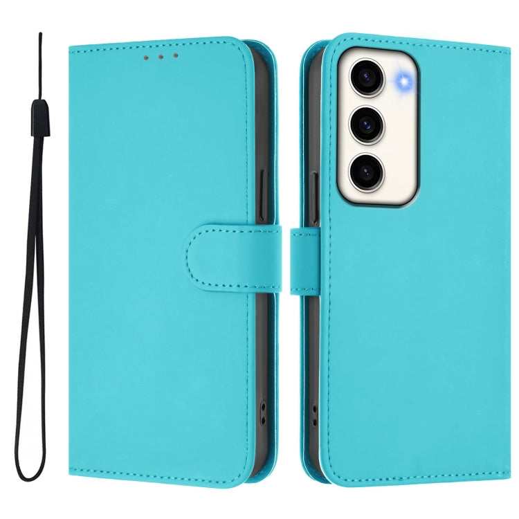 For Samsung Galaxy S23 5G Skin Feel Solid Color Leather Phone Case with Lanyard