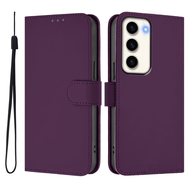For Samsung Galaxy S23 5G Skin Feel Solid Color Leather Phone Case with Lanyard