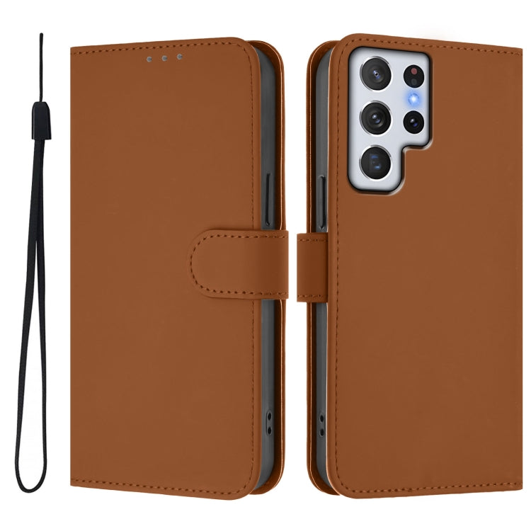 For Samsung Galaxy S22 Ultra 5G Skin Feel Solid Color Leather Phone Case with Lanyard