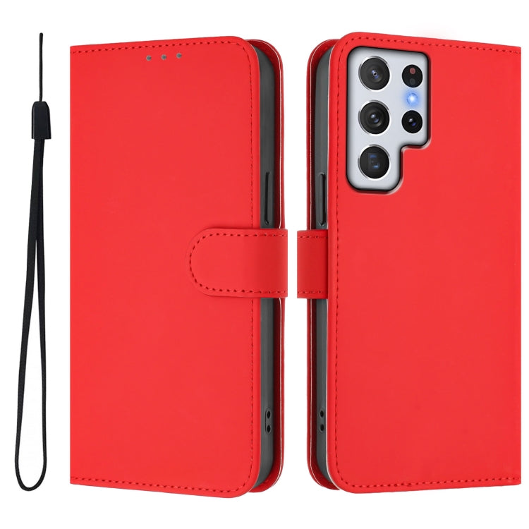 For Samsung Galaxy S22 Ultra 5G Skin Feel Solid Color Leather Phone Case with Lanyard