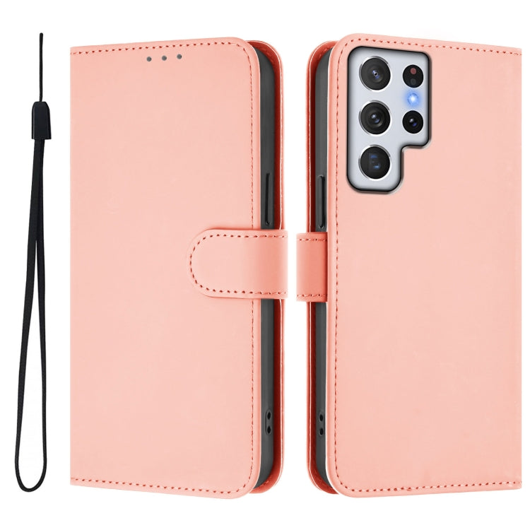 For Samsung Galaxy S22 Ultra 5G Skin Feel Solid Color Leather Phone Case with Lanyard